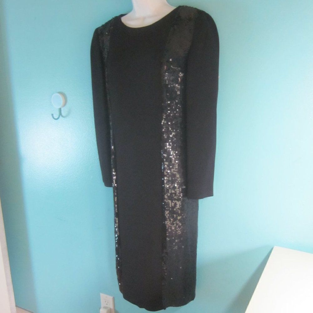 Louis Feraud 70s VINTAGE Womens Size 12 Black Silk Sequin Sheath Dress Rear Zip